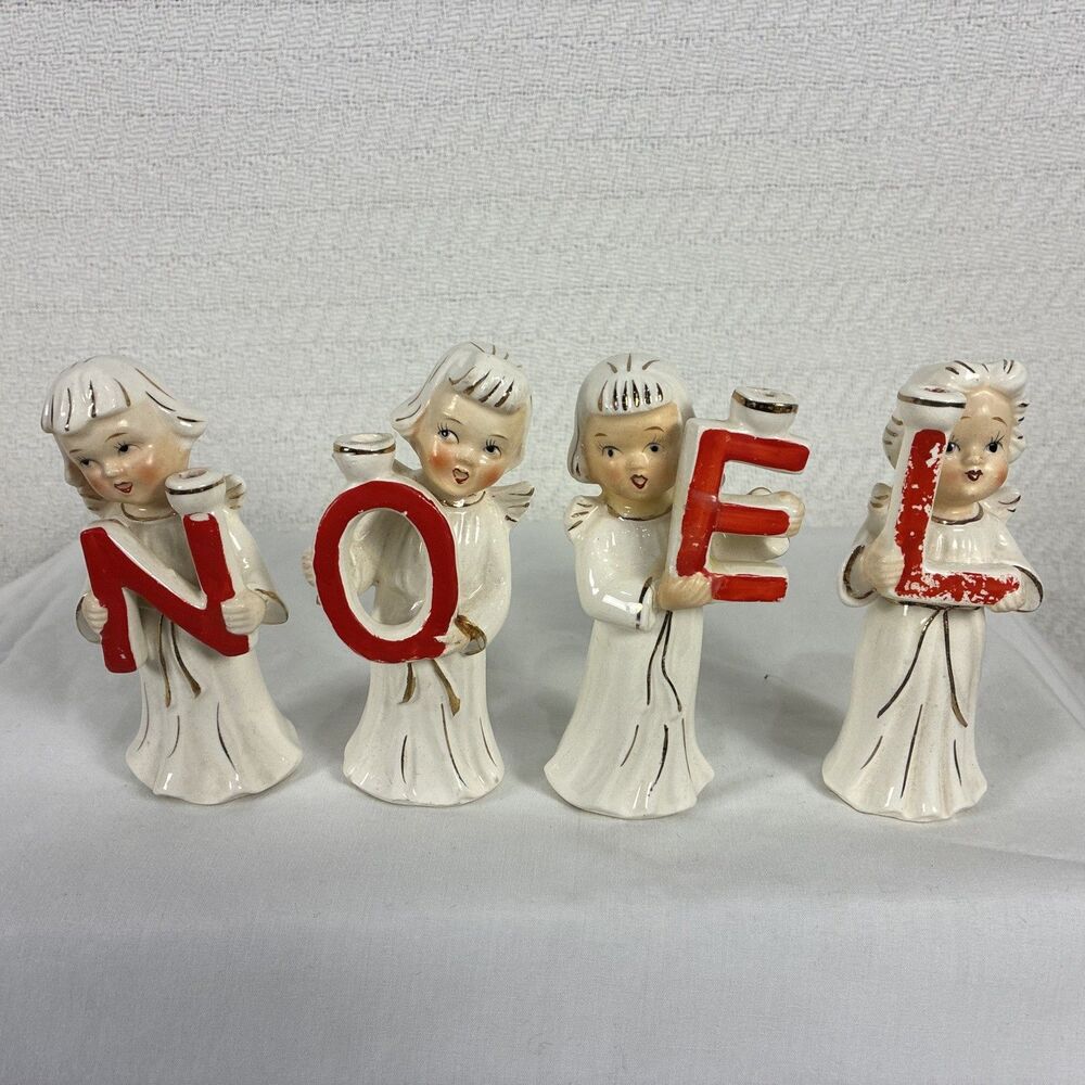 Set Of (4) Vintage  Heavenly Ceramic Angel Candle Holders Relco Noel Stunning